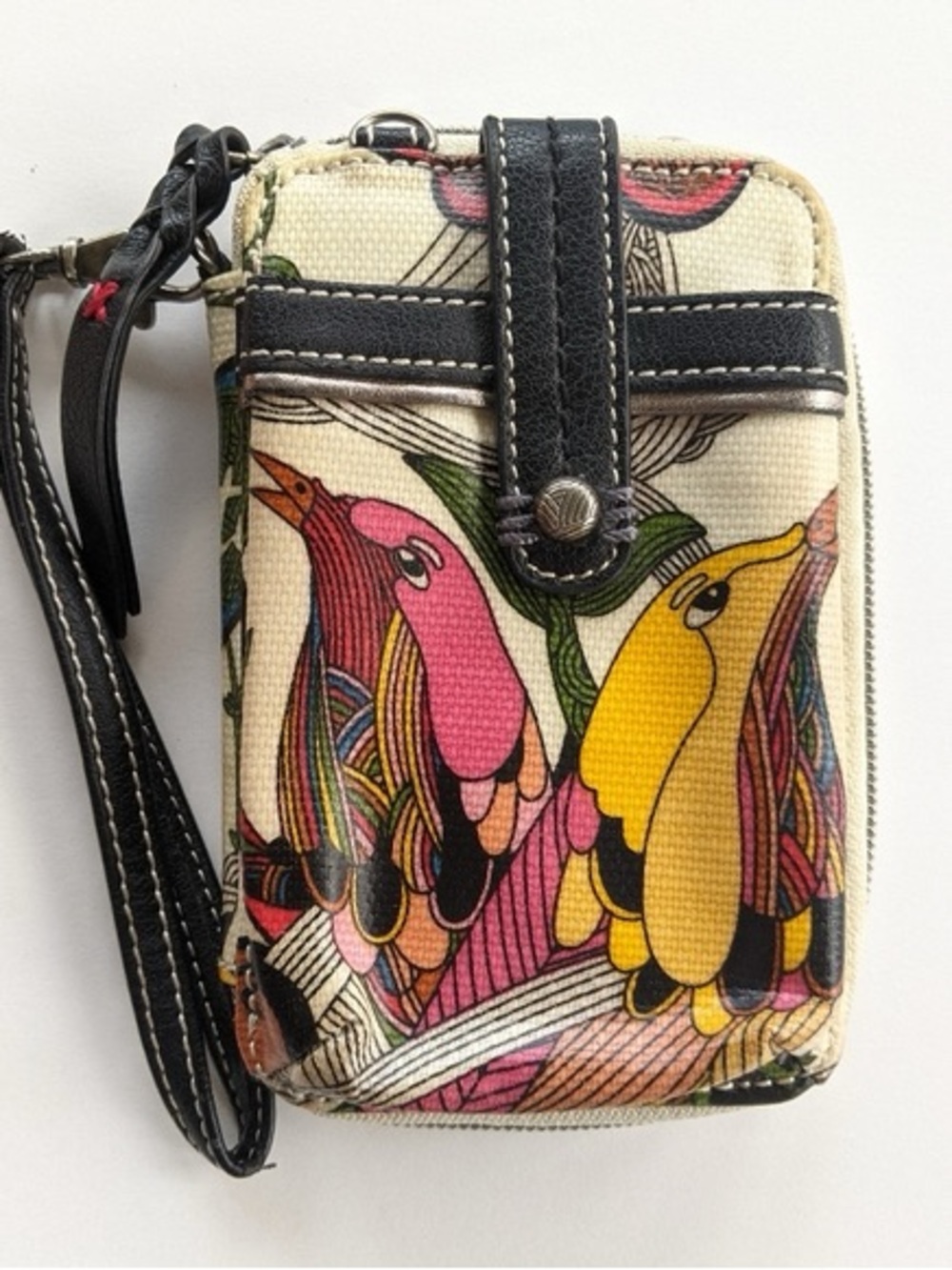 Sakroots Canvas Bird Wristlet cross body wallet/phone - Pink & Yellow